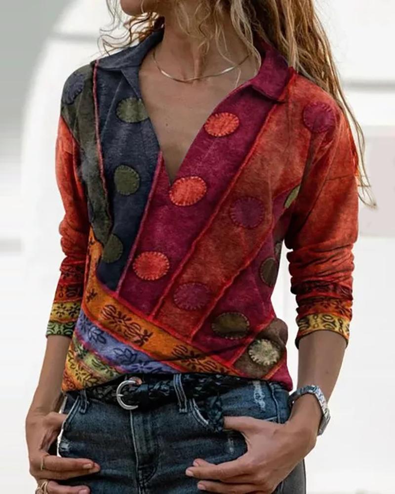

Abstract Print Bell Sleeve Blouse, Red