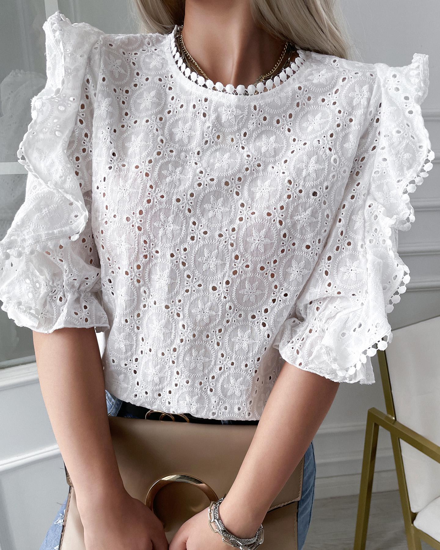 

Puff Sleeve Eyelet Embroidery Pom Pom Top, White