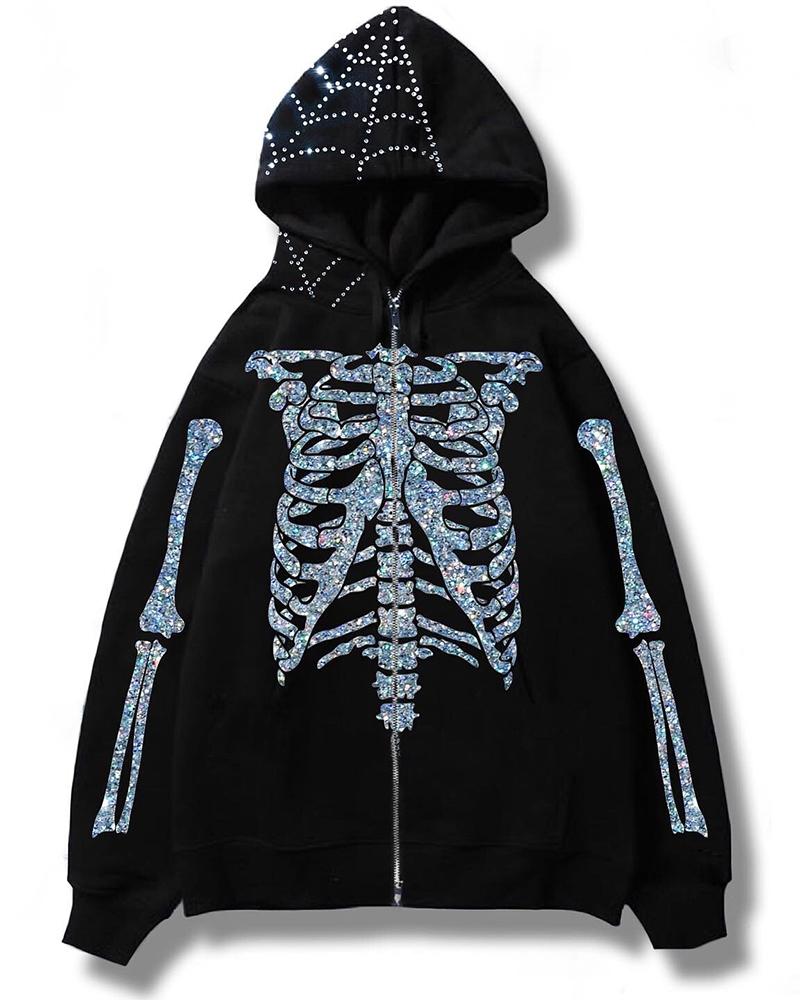 

Halloween Rhinestone Skeleton Print Hoooded Sweatshirt, Silver