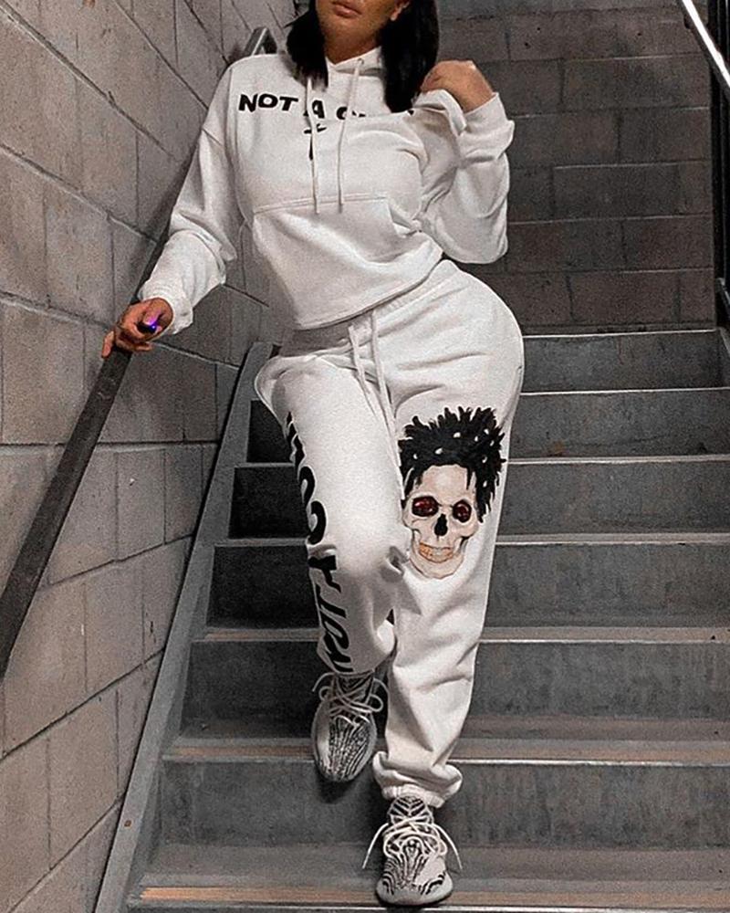 

Letter Figure Print Hooded Top & Drawstring Pants Set, White