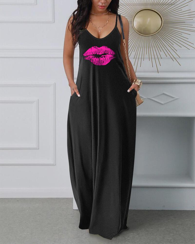 

Lip Print Spaghetti Strap Casual Dress, Black