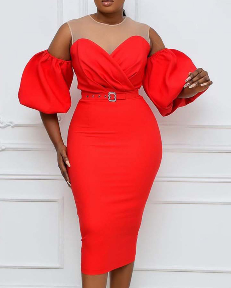 

Plus Size Cold Shoulder Puff Sleeve Dress, Red