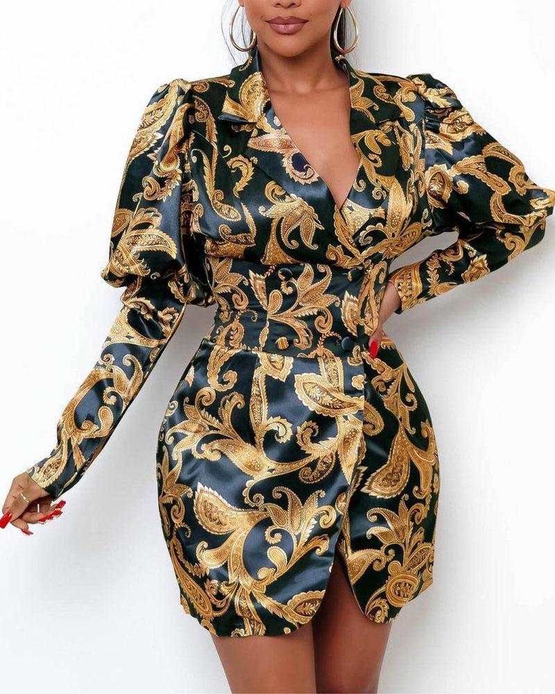 

Baroque Print Gigot Sleeve Bodycon Dress, Yellow