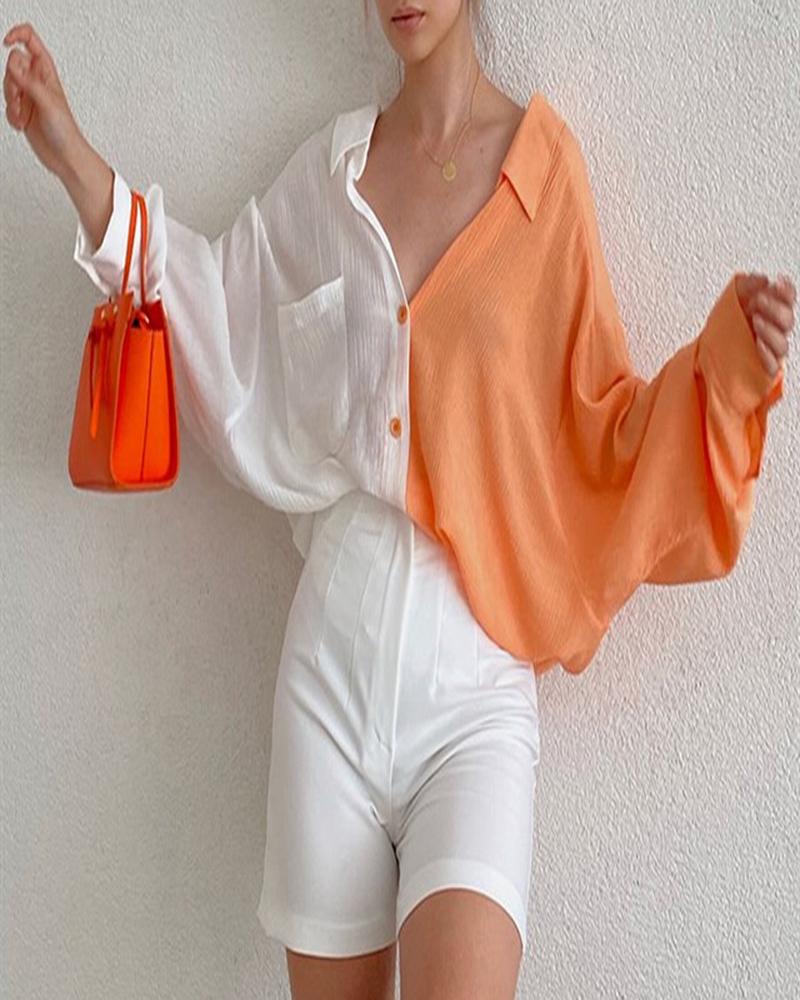 

Long Sleeve Buttoned Pocket Design Colorblock Top, Orange