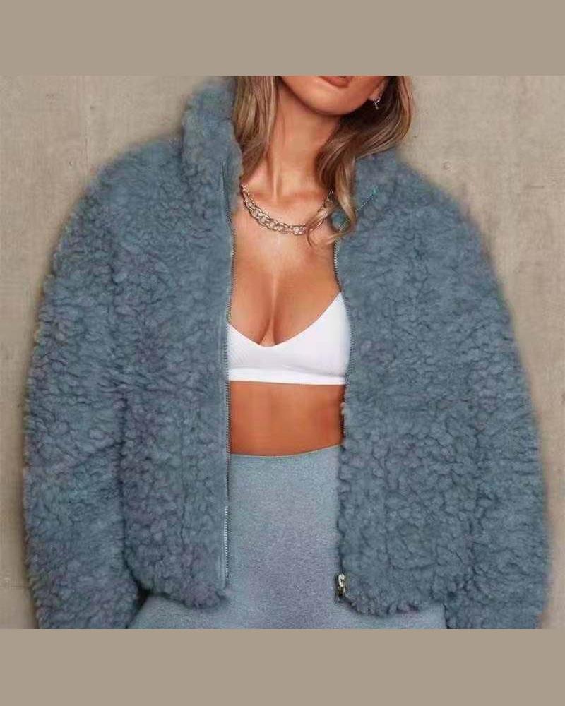 

Zipper Pocket Design Fleece Coat, Turquoise blue