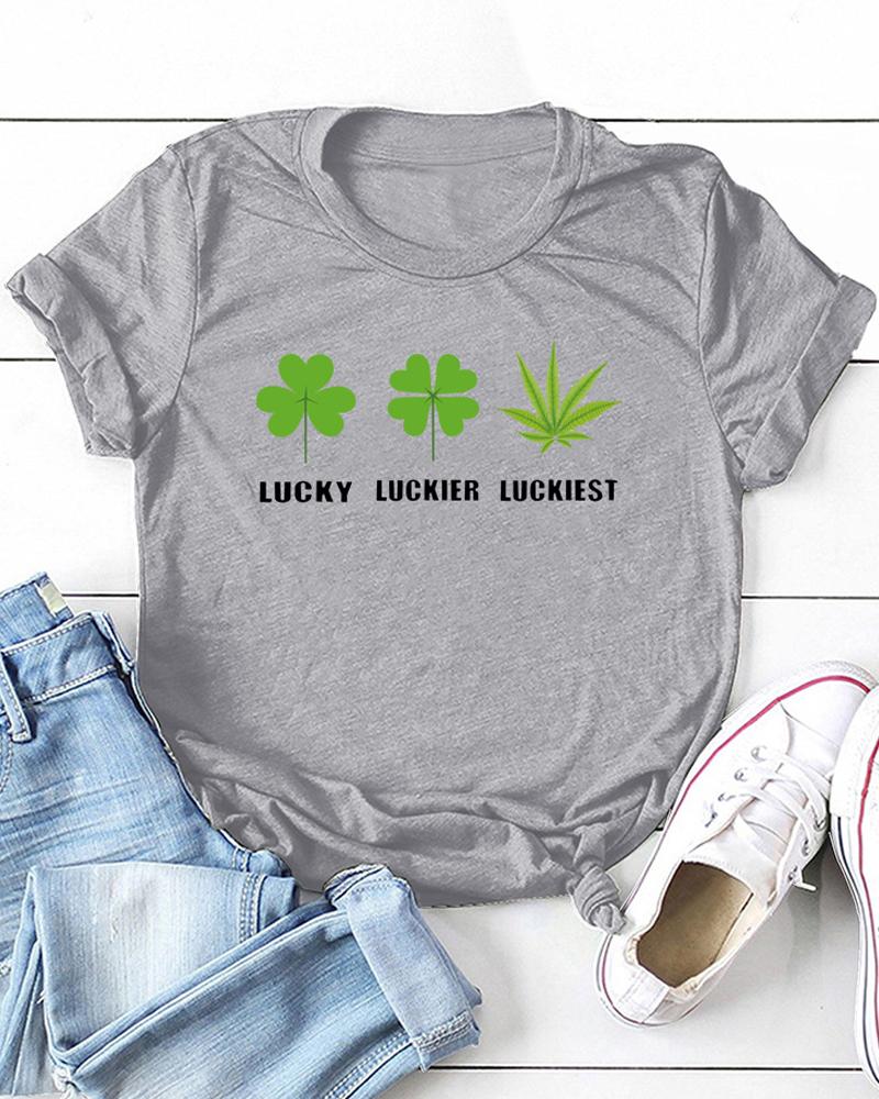 

St.Patrick's Day Clover Print Short Sleeve T-Shirt, Gray