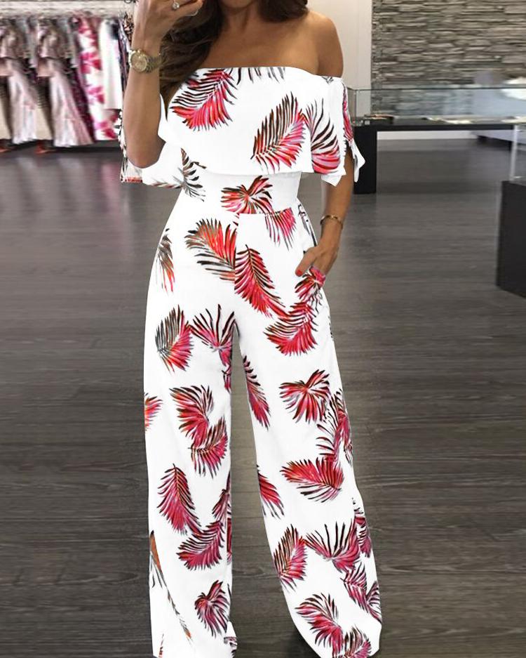 

Fashion Print Frilled Off Shoulder Flared Jumpsuit, Red