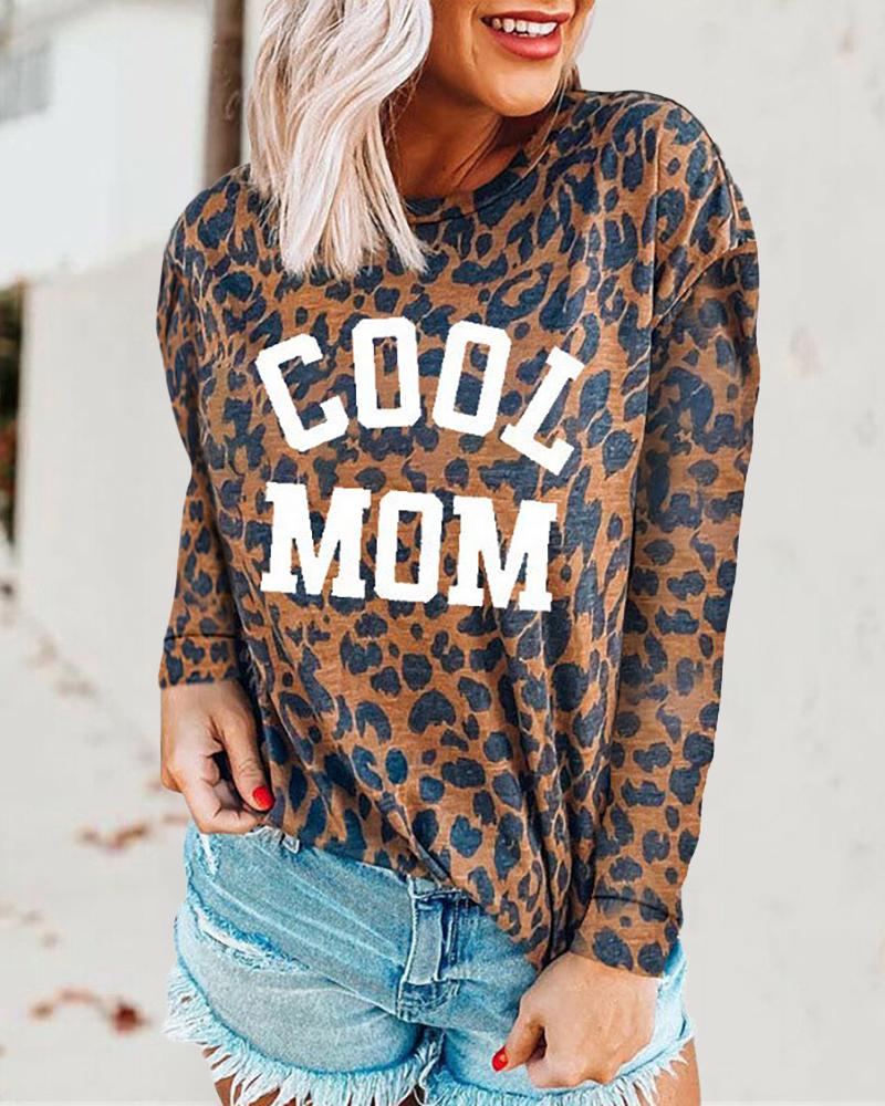 

Letter Cheetah Print Long Sleeve T-Shirt, Style2