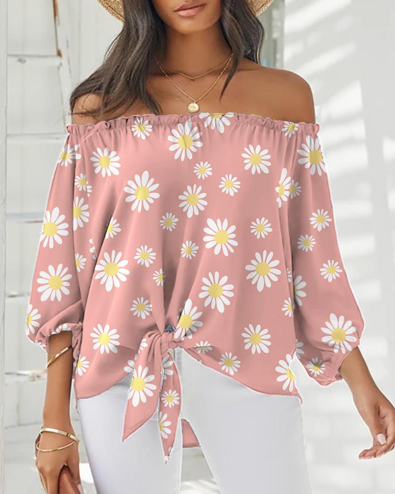 

Off Shoulder Long Sleeve Floral Print Loose Blouse, Pink