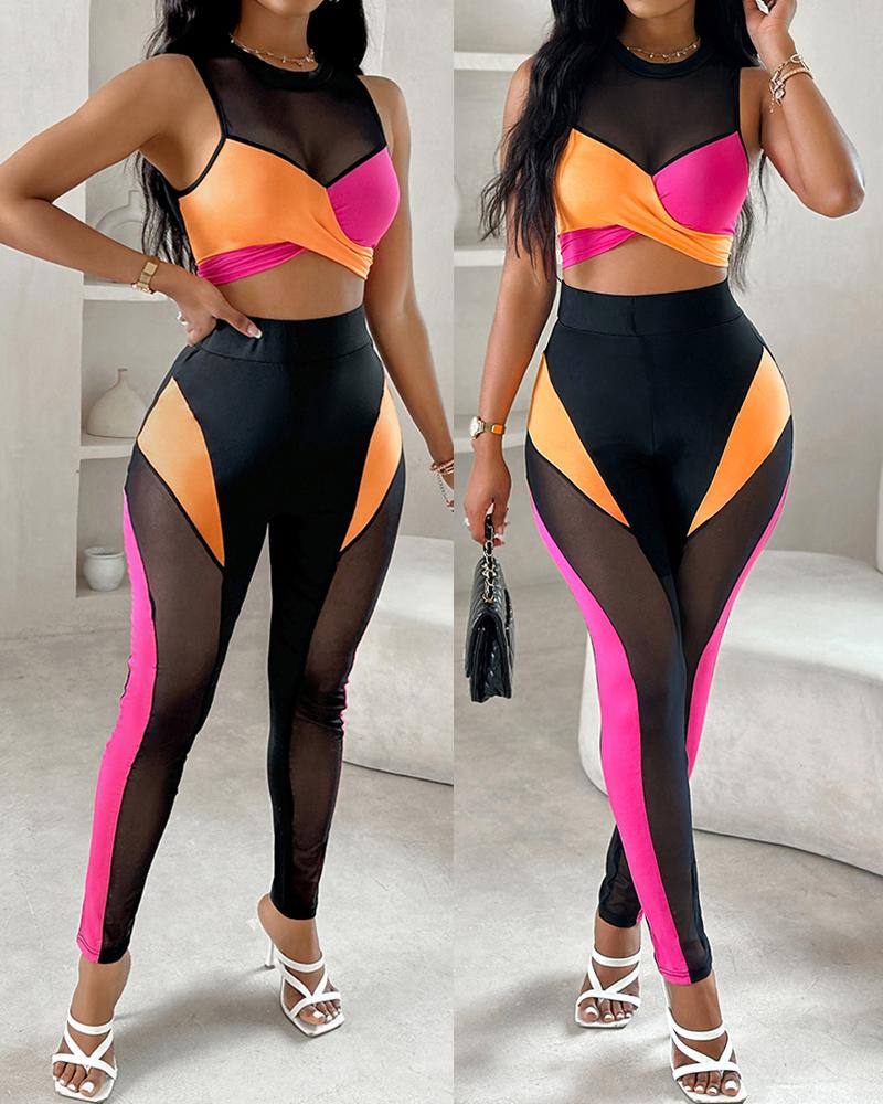 

Colorblock Contrast Mesh Crop Top & High Waist Pants Set, Black