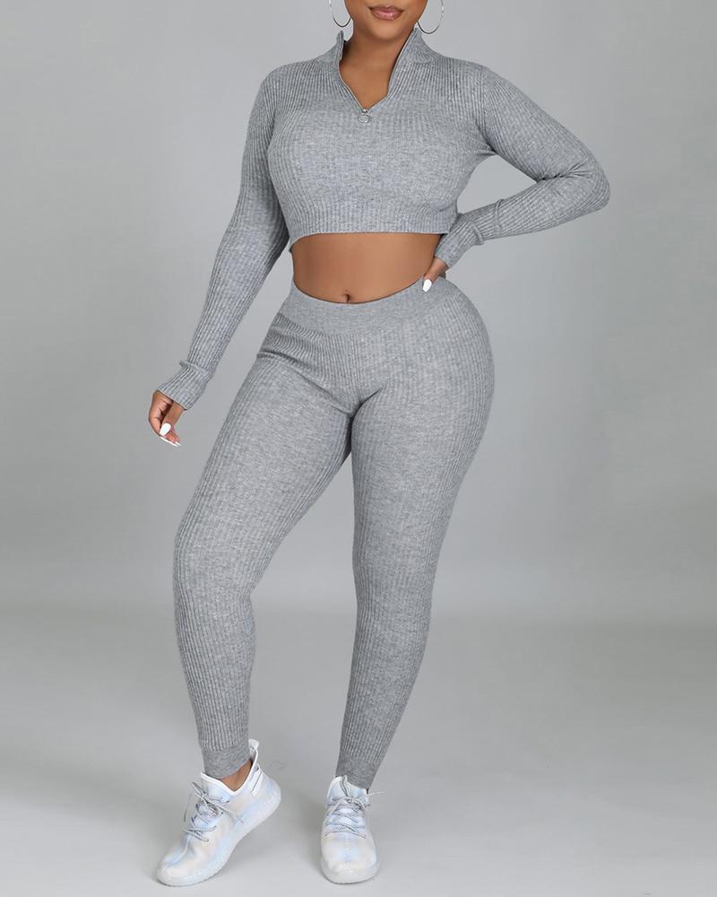 

Ribbed Zipper Front Crop Top & Pants Set, Gray