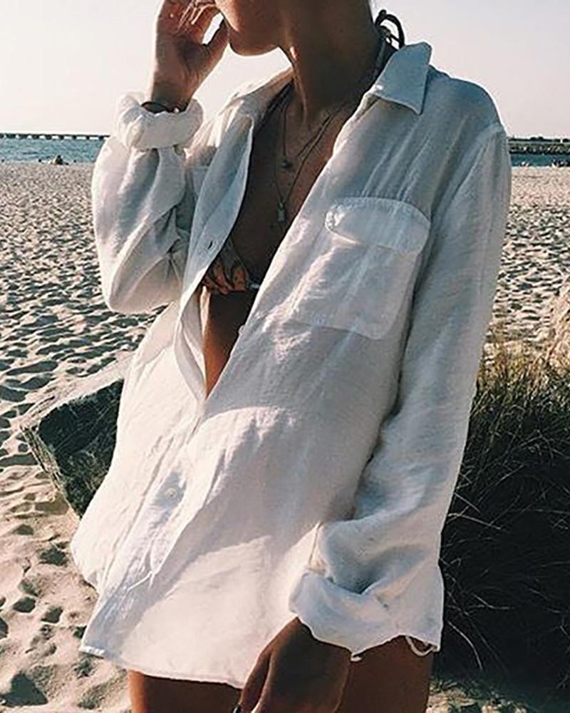 

Pocket Button Design Cover Up Shirt, White