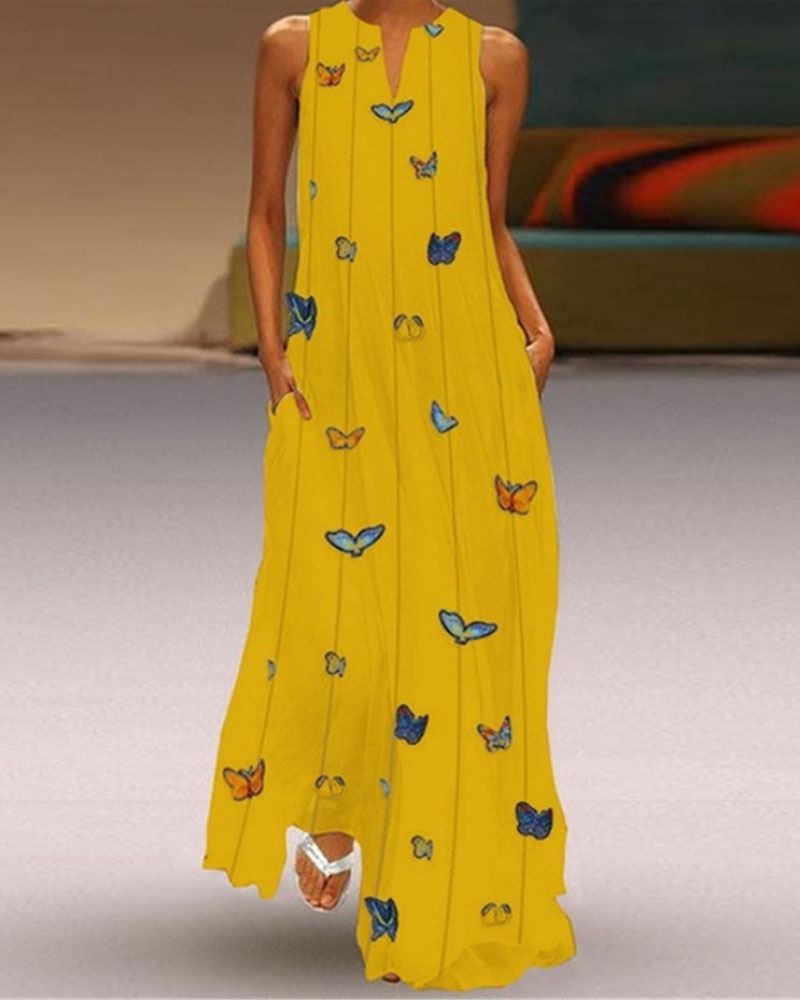 

Butterfly Print Pocket Detail Casual Dress, Yellow