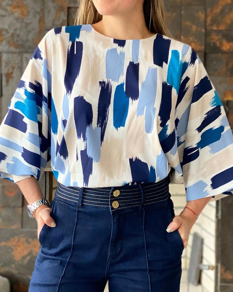 

Abstract Print Lantern Sleeve Round Neck Top, Multicolor