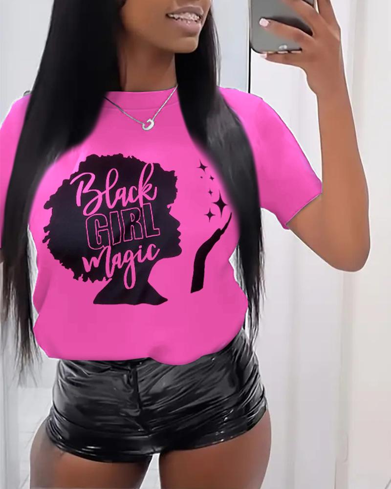 

Black Girl Magic Figure Print Casual T-shirt, Rose red