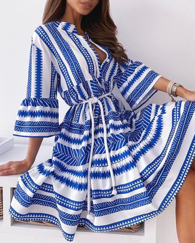 

Striped Print Bell Sleeve V Neck Casual Dress, Blue