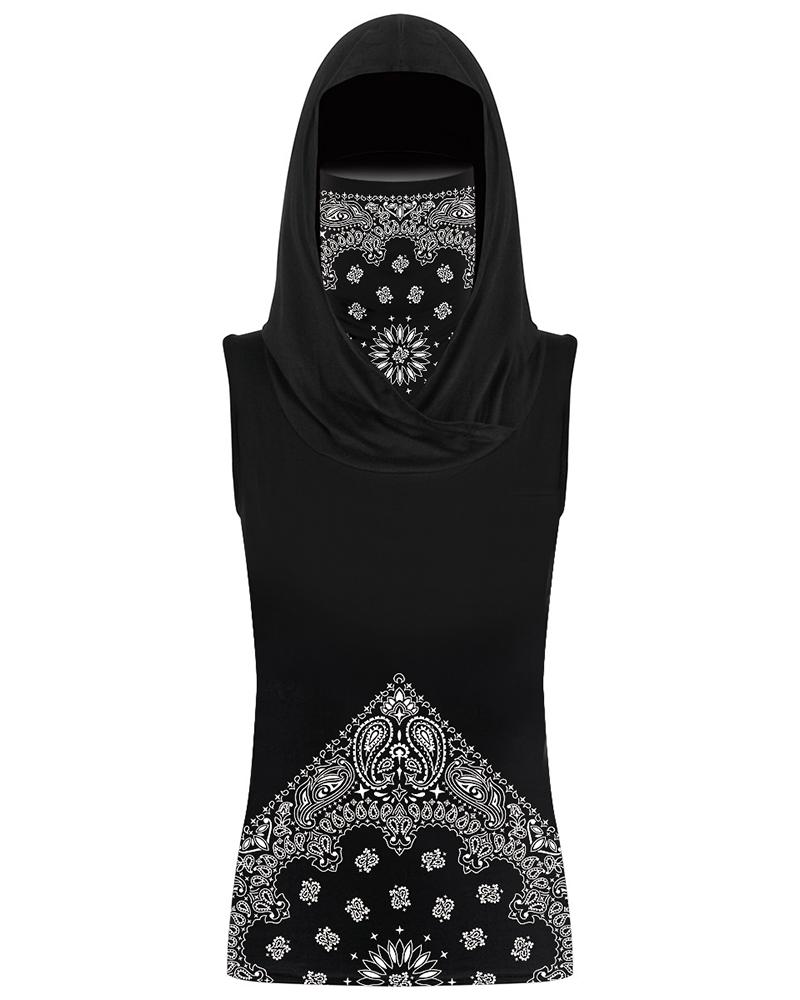 

Paisley Print Hooded Tank Top With Ear Loop Face Bandana, Black