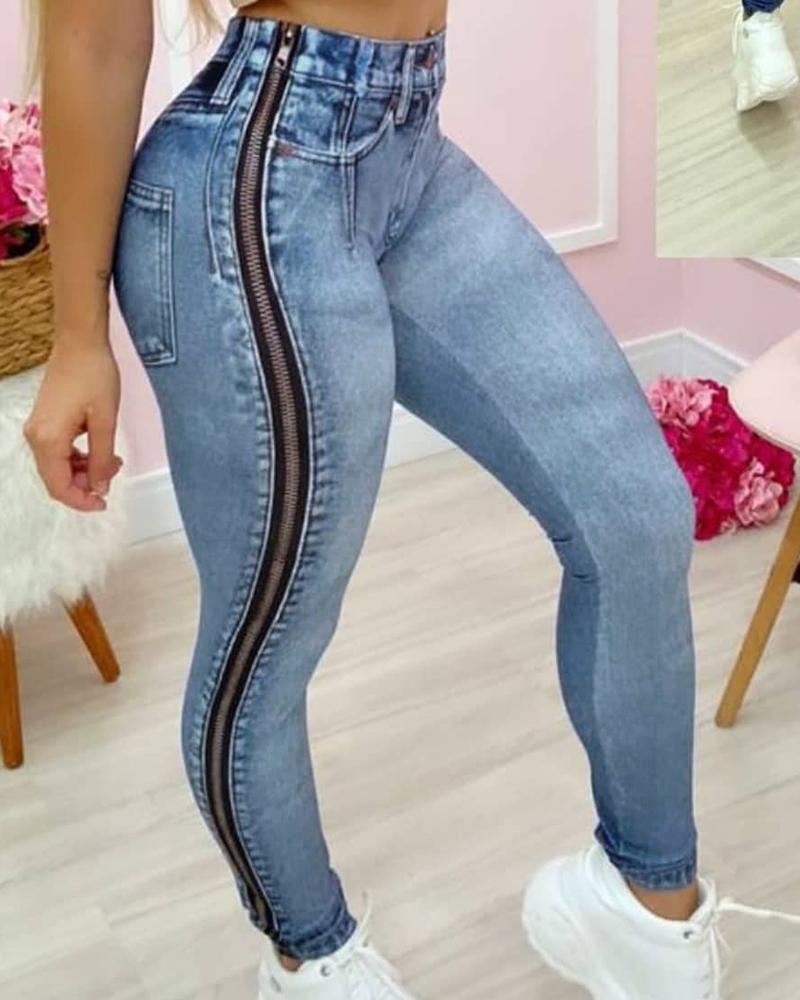 

High Waist Zipper Design Skinny Jeans, Blue