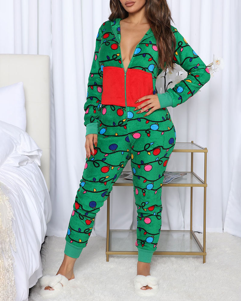 

Christmas Graphic Print Long Sleeve Hooded Lounge Jumpsuit, Blue