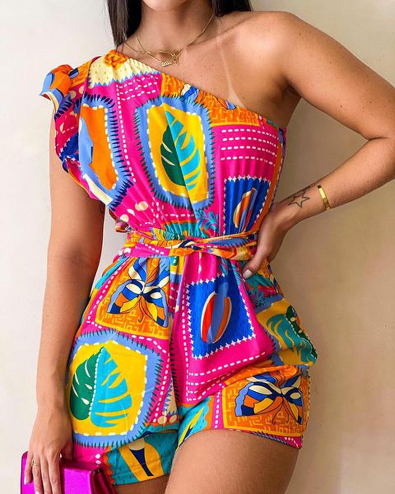 

Scarf Print One Shoulder Romper, Multicolor