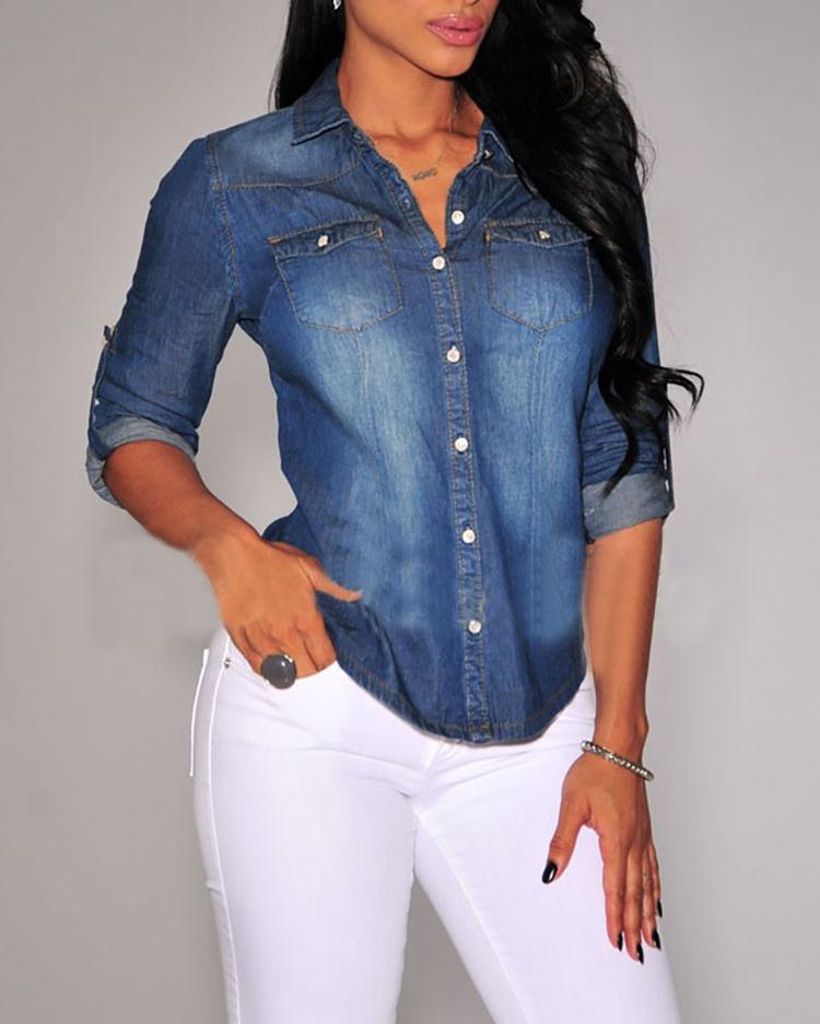 

Roll-up Sleeve Denim Blouse, Dark blue