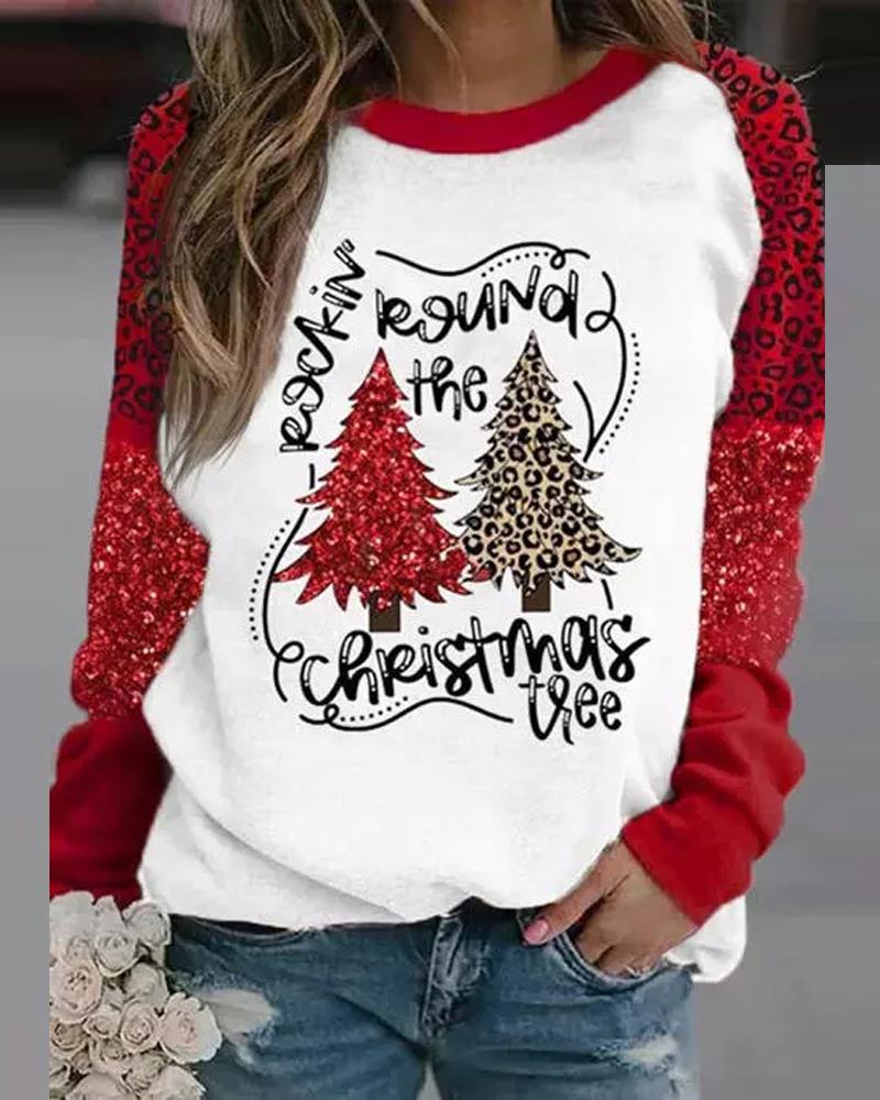 

Christmas Tree Leopard Print Long Sleeve Top, Red
