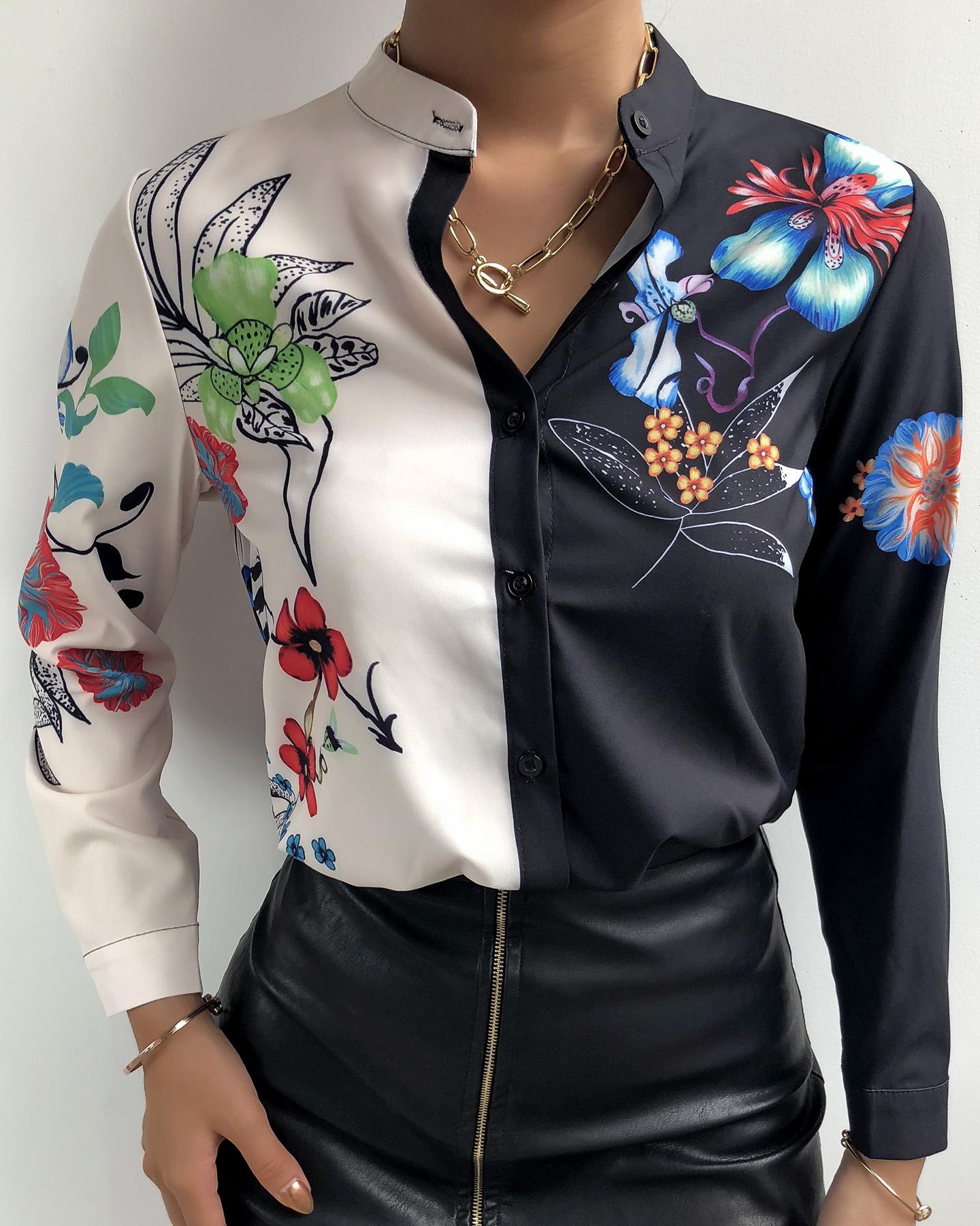 

Colorblock Floral Print Casual Shirt, Black&white