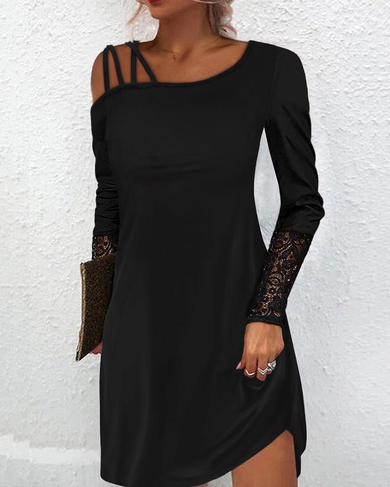 

Contrast Lace Cold Shoulder Casual Dress, Black