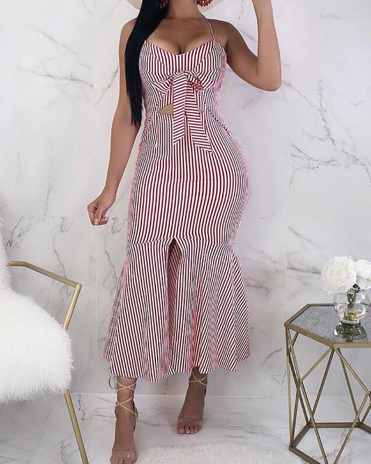 

Striped Knot Cutout Front Slit Pep Hem Maxi Dress, Pink