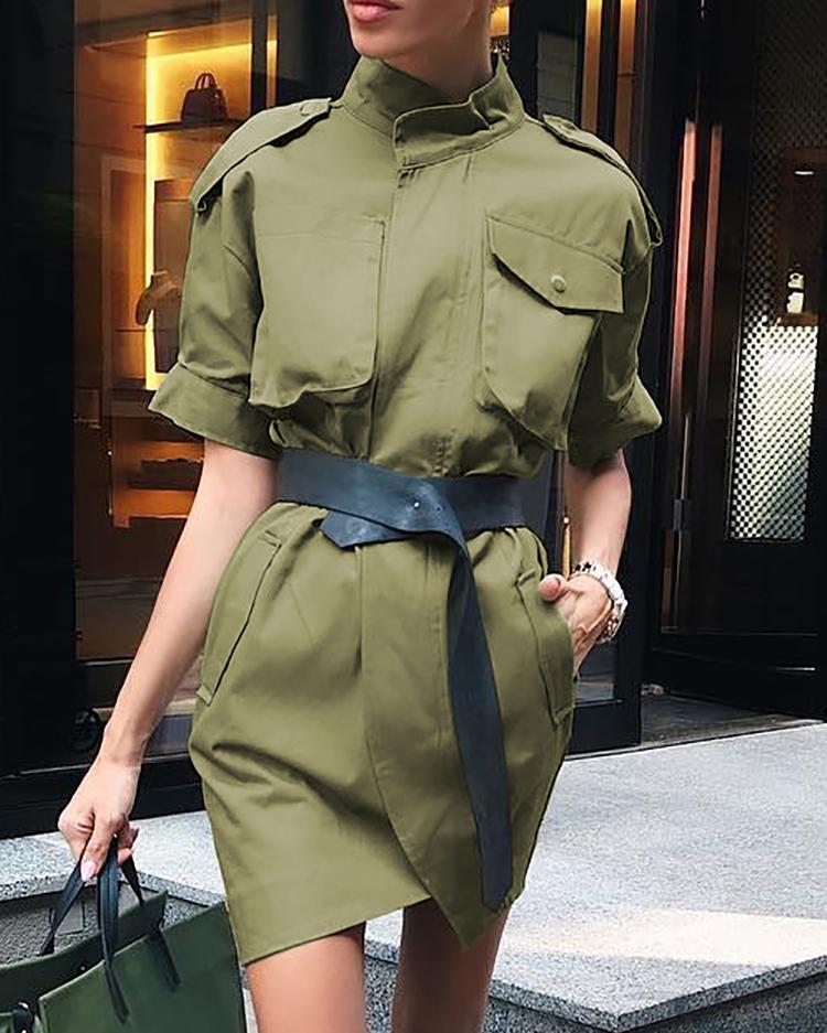 

Solid Roll-up Sleeve Wrapover Front Mini Dress, Army green
