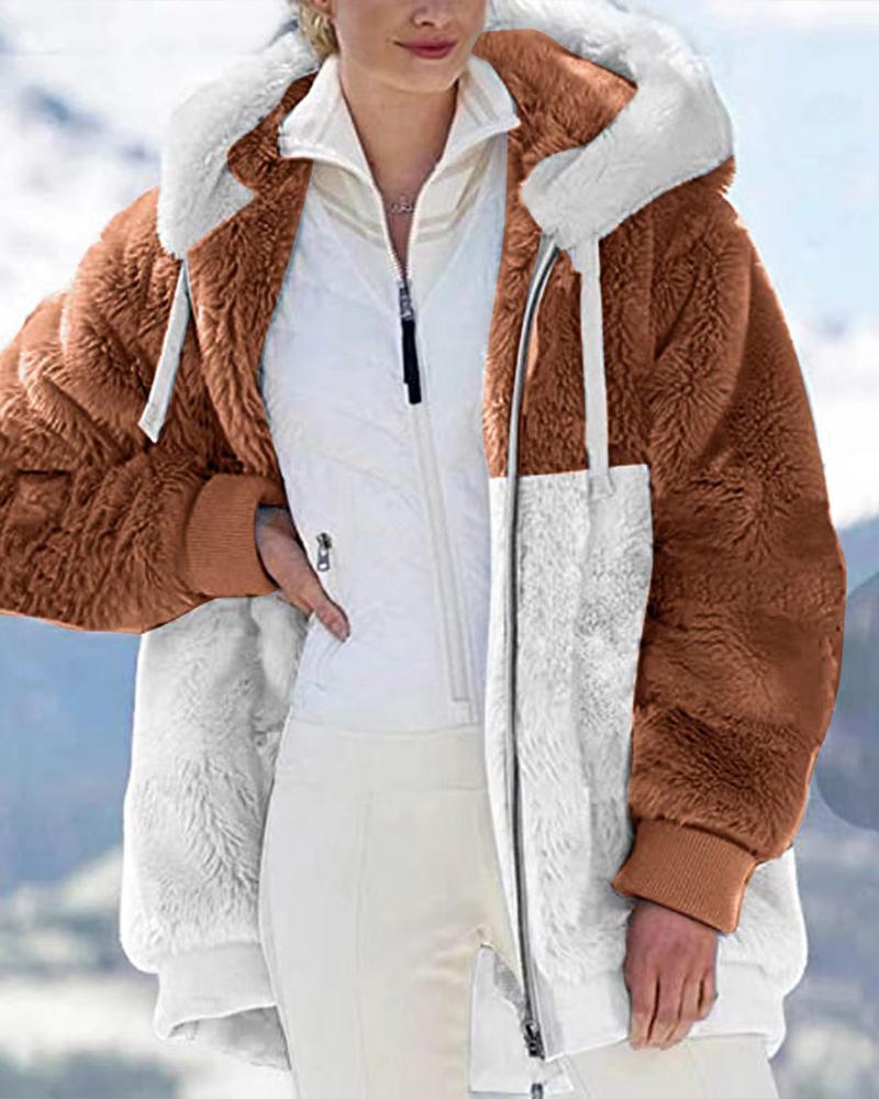 

Colorblock Long Sleeve Hooded Zip Up Teddy Coat, Coffee