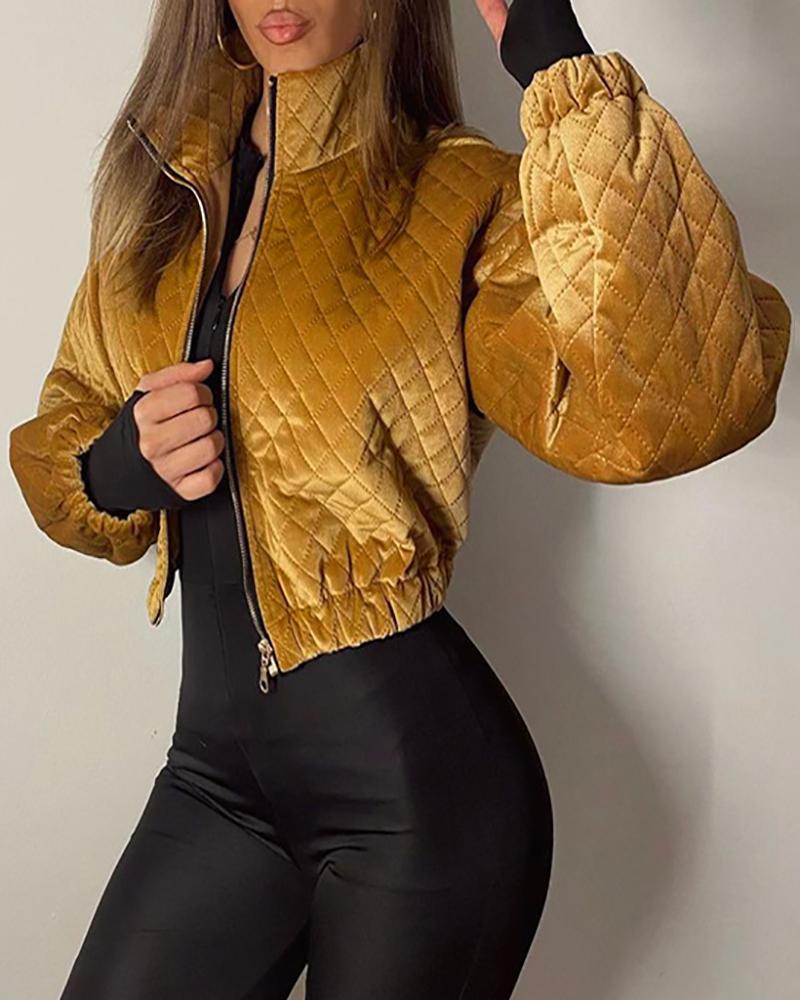 

Lantern Sleeve Zipper Front Quilted Puffer Coat, Gold