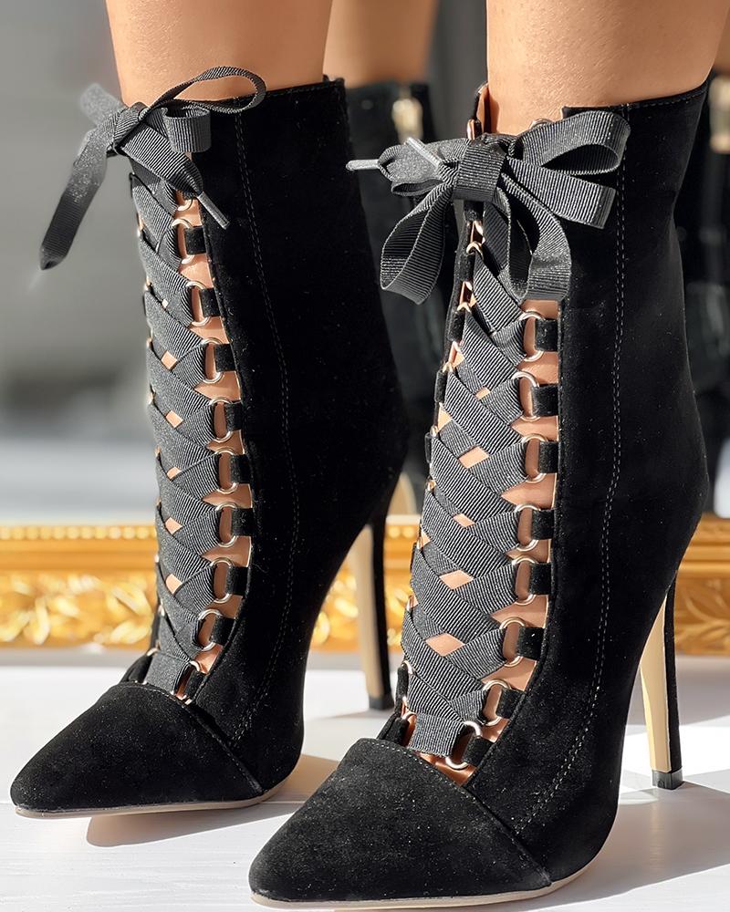 

Lace-up Stiletto Heel Ankle Boots, Black