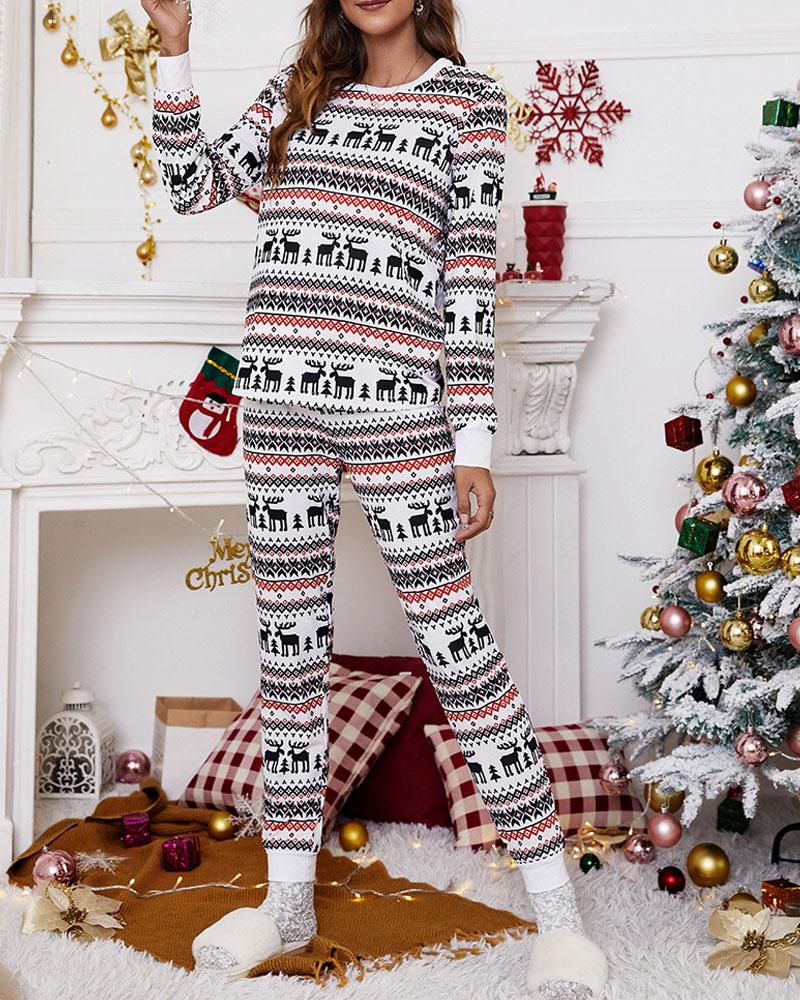 

Christmas Print Long Sleeve Drawstring Pajamas Set, White