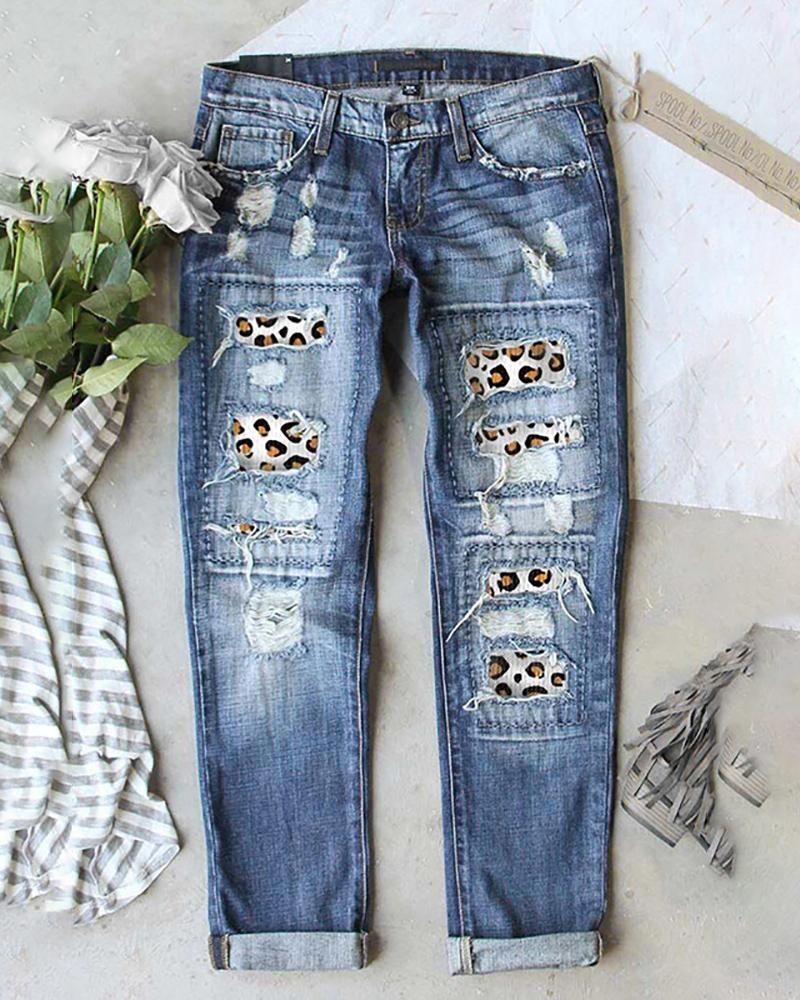 

Heart / Cheetah / Plaid Print Ripped Pocket Design Jeans, Style3