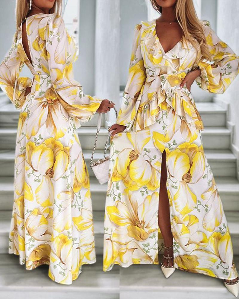 

Floral Print Ruffle Hem Slit Dress, Yellow
