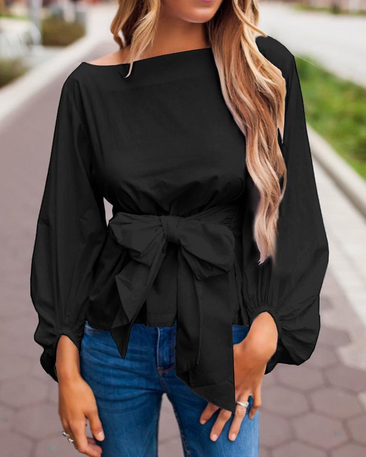 

Sexy Lantern Sleeve Bowtie Belted Blouse Tops, Black