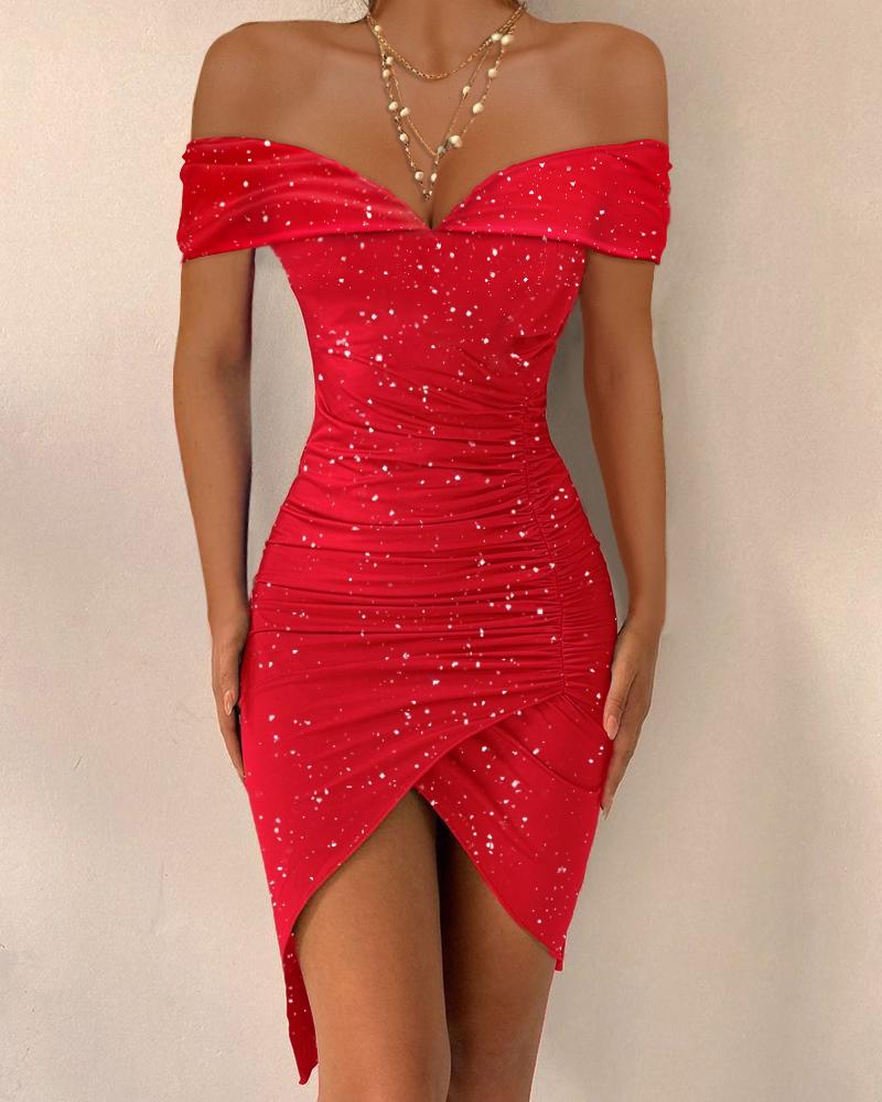 

Glitter Off Shoulder Ruched Bodycon Party Dress, Red