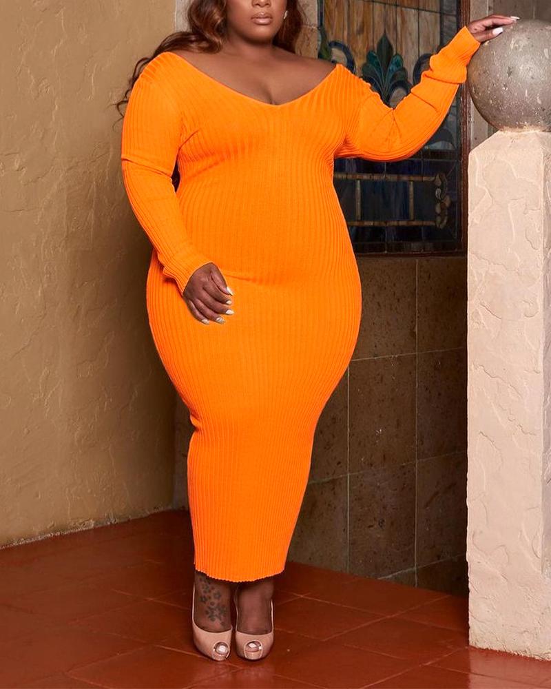 

Ribbed V-Neck Skinny Dress, Orange