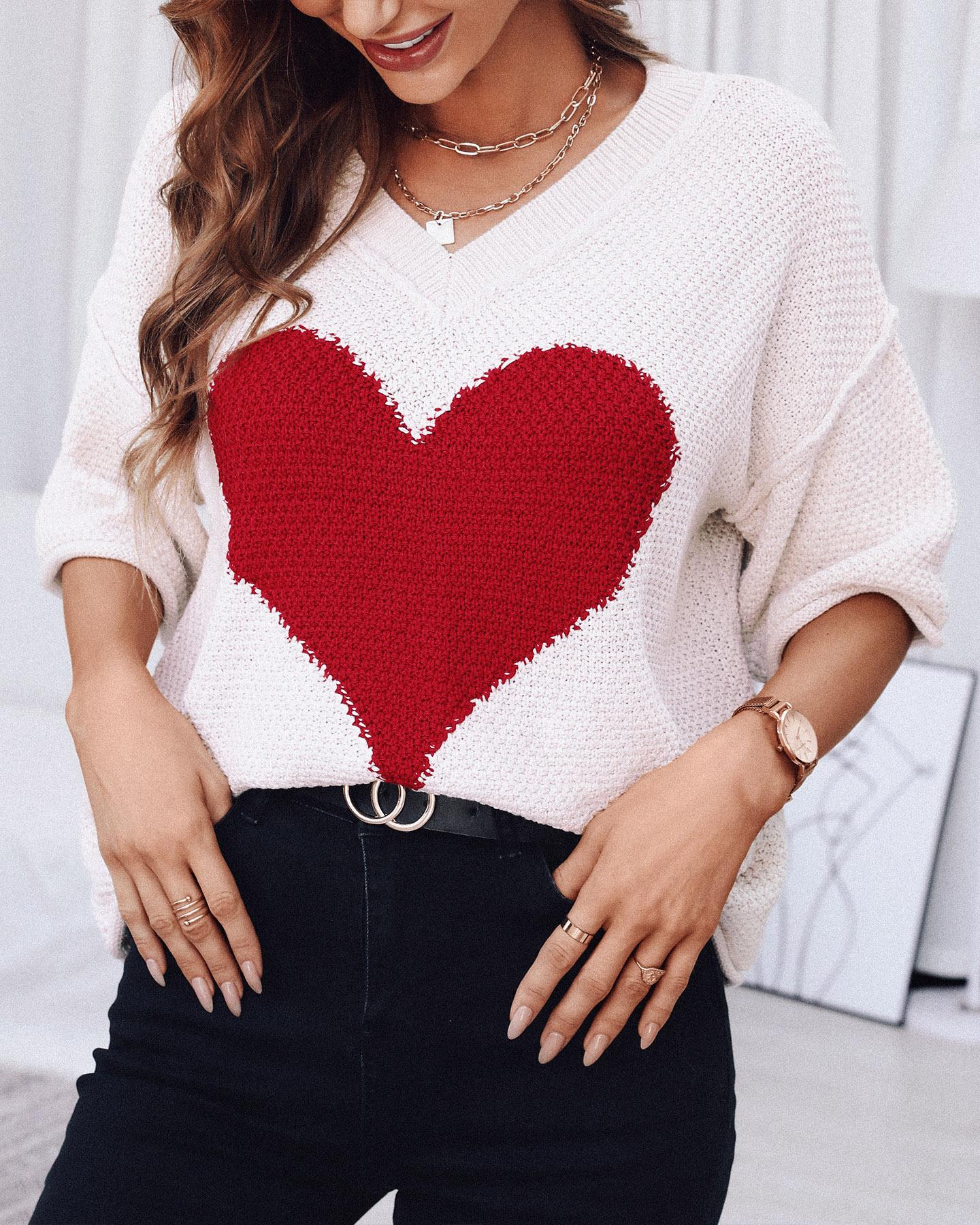 

Batwing Sleeve Heart Pattern Long Sleeve Knit Sweater, Apricot