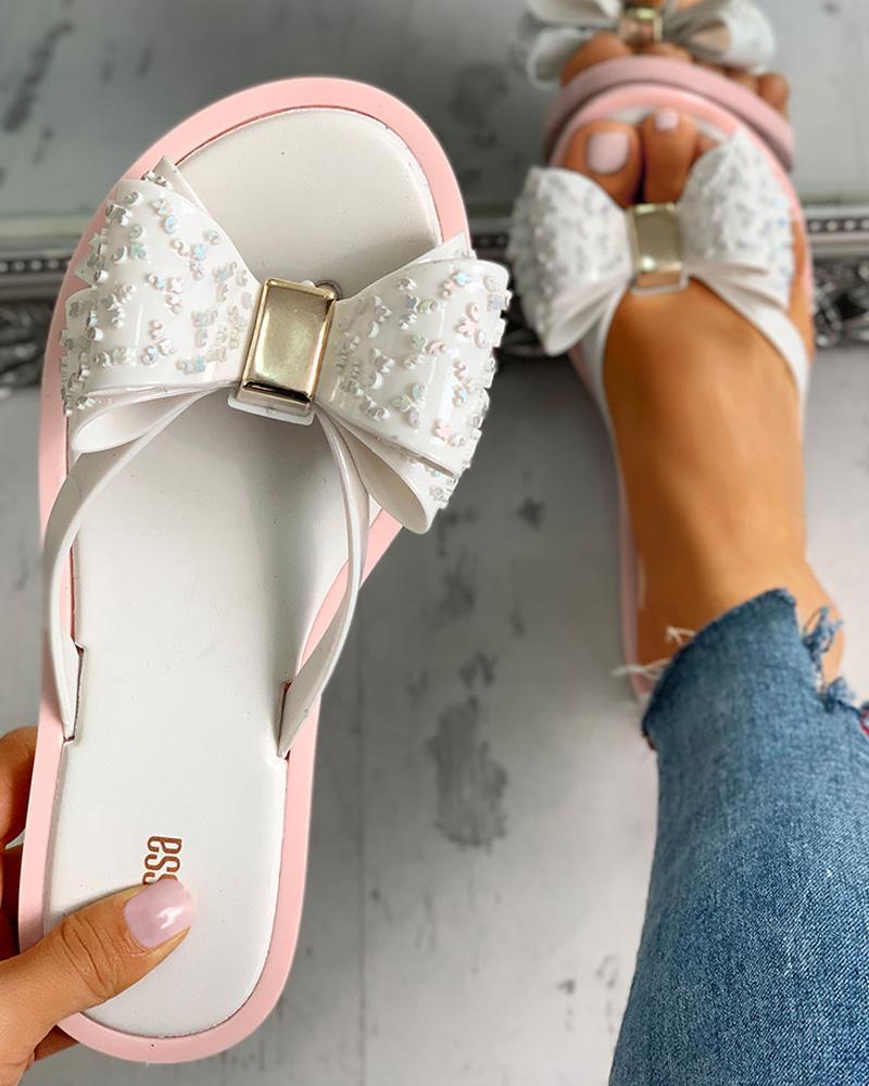 

Bowknot Design Flat Slipper Sandals, White