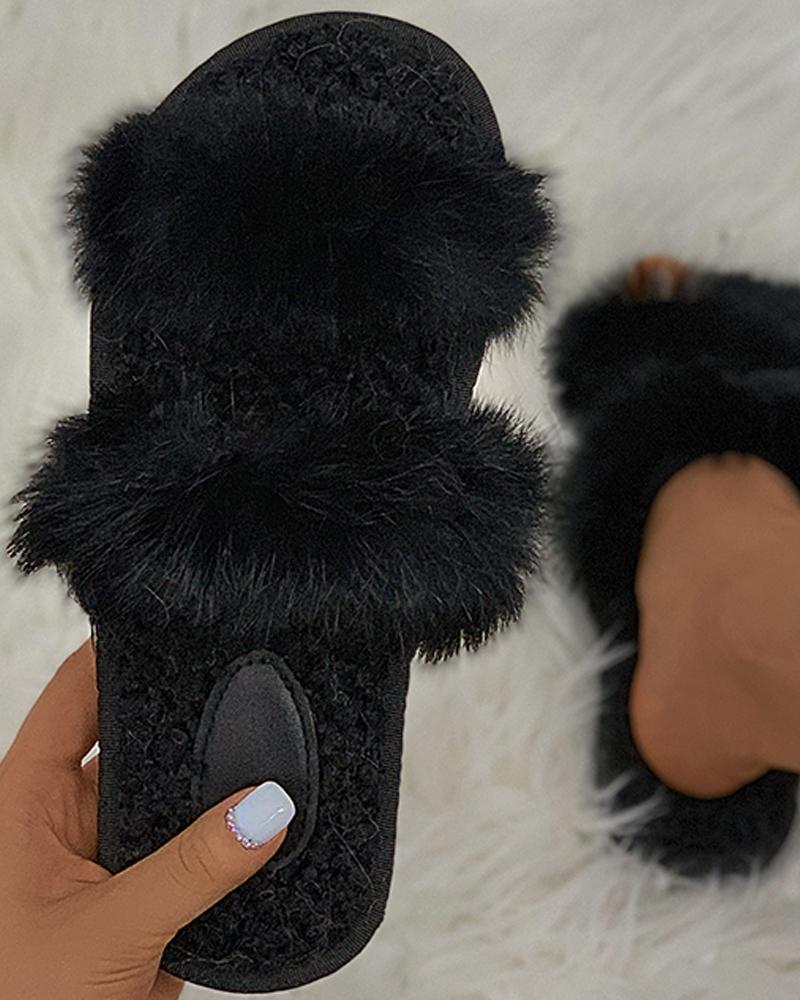 

Open Toe Plain Fluffy Slippers, Black