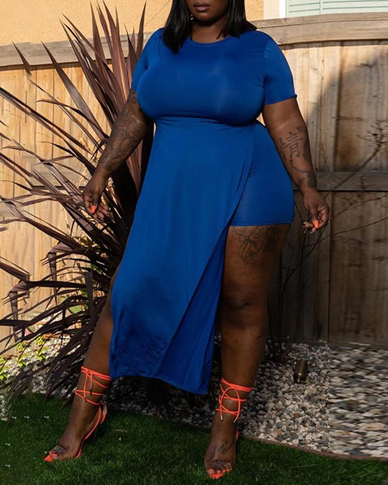 

Plus Size Side Slit Short Sleeve Two Piece Sets, Dark blue
