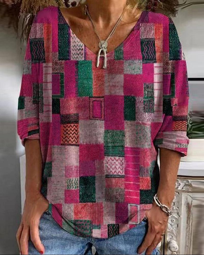 

Geometric Print Long Sleeve Casual Top, Hot pink