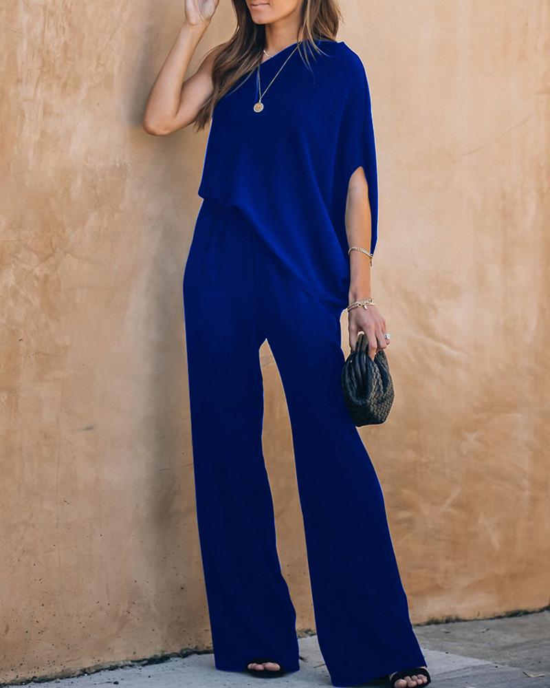 

One Shoulder Flare Leg Jumpsuit, Blue