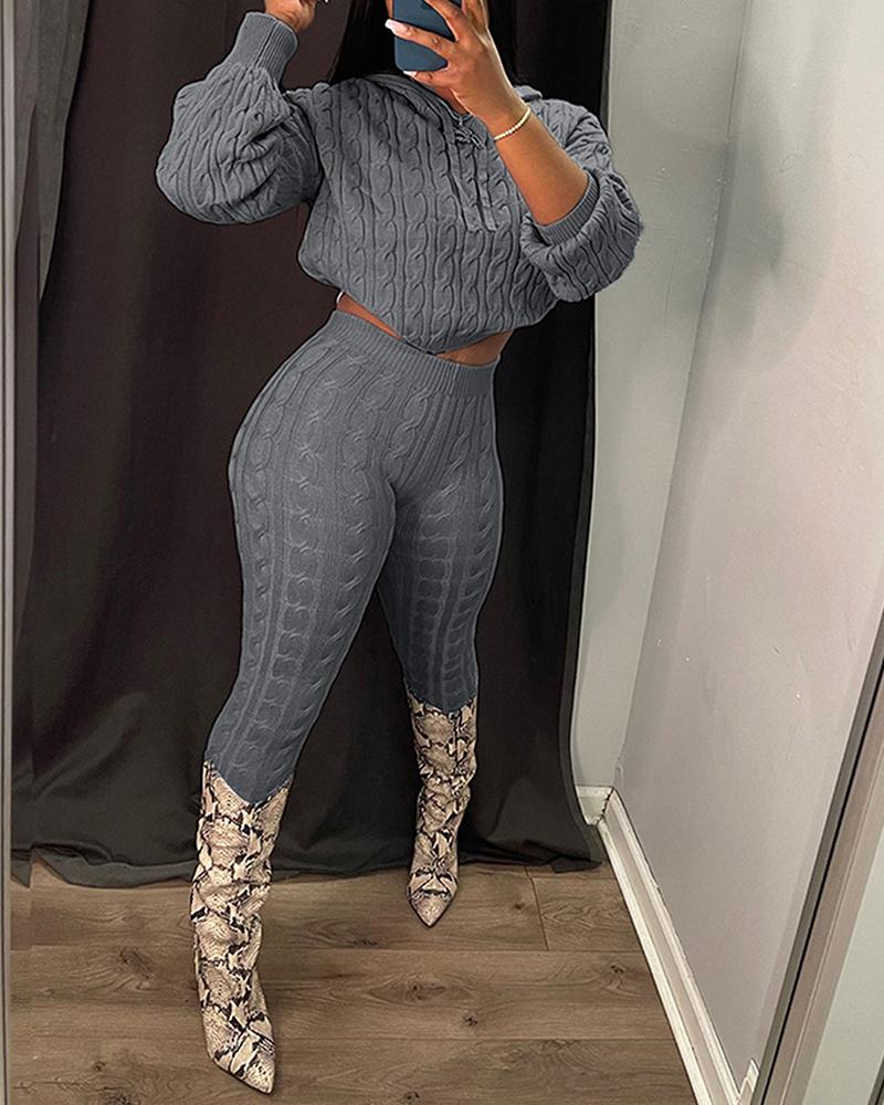

Long Sleeve Cable Knit Hooded Sweater & Pants Set, Gray
