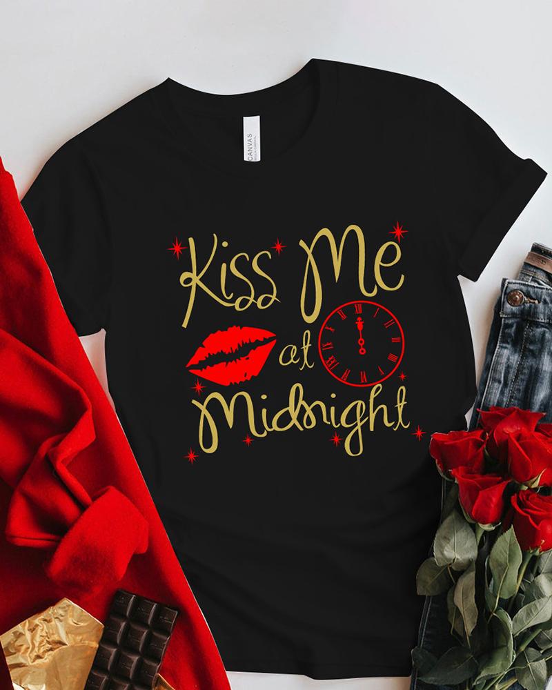 

Valentine' Day Lip Letter Print Short Sleeve Top, Black