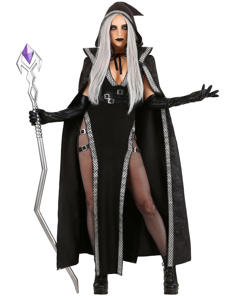 

Halloween Magic Slit Scary Cosplay Witch Costume Dress With Gloves And Cape, Black