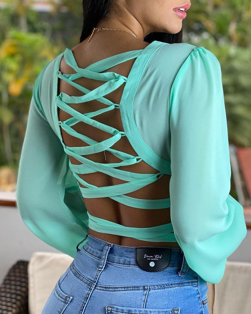 

V-Neck Bandage Lace-up Back Long Sleeve Top, Blue