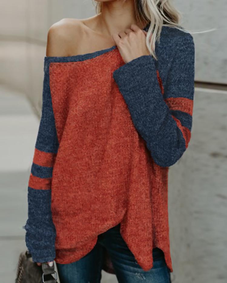 

Contrast Color One Shoulder Stripes Casual Top, Orange